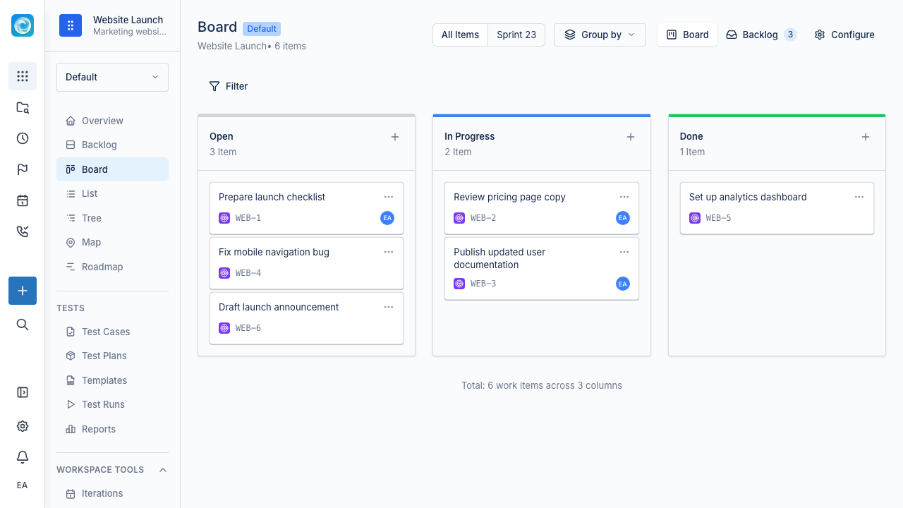 Board view with work item cards